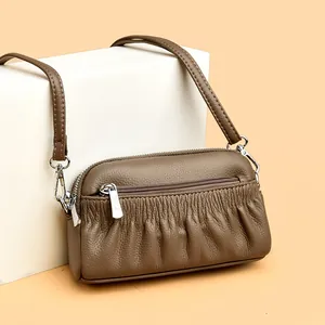 Women Genuine Leather Crossbody Bag Ruched Litchi Texture Multi Layer Zipper Small Shell Purse Messenger Bag For Daily Use