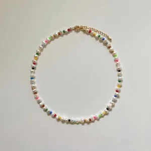 French vintage style natural freshwater pearl necklace with colorful seed beads