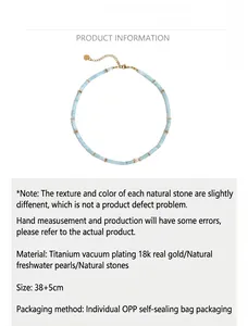 Detail of light blue gemstone beads with freshwater pearl and 18k gold plated spacer beads