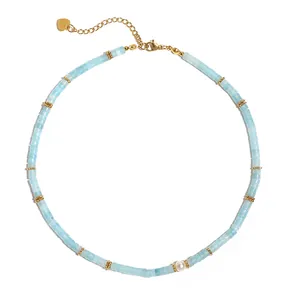 Blue semi-precious stone beaded necklace with a freshwater pearl and gold lobster clasp