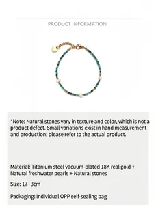 Dettaglio del bracciale placcato oro 18K con pietre naturali verdi e perle d'acqua dolce