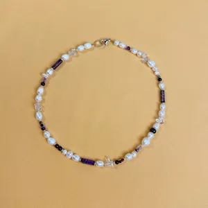 Handmade freshwater pearl and purple natural stone beaded necklace with lobster clasp