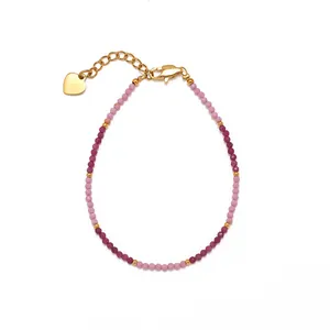 Bohemian gradient pink stone beaded bracelet with gold heart charm and adjustable clasp