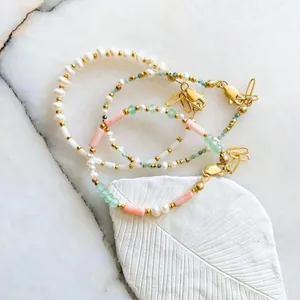 Layered natural freshwater pearl bracelet set with colorful stones and B letter pendant