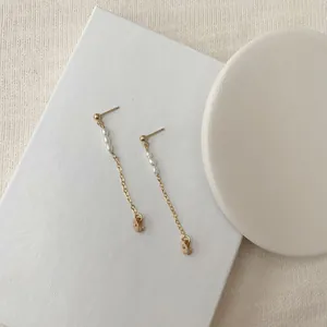 Elegant 18k gold plated titanium steel drop earrings with freshwater pearls and long chains