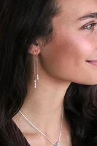 Detail showing elegant long gold chain fringe earrings with white freshwater pearls