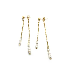 Vintage long tassel drop earrings with baroque freshwater pearls in gold finish