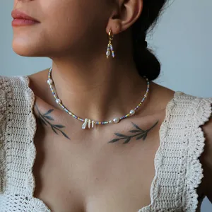 Bohemian choker set with colorful beads and irregular baroque freshwater pearls