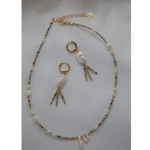 Bohemian mixed seed bead necklace and earring set with irregular Baroque pearls