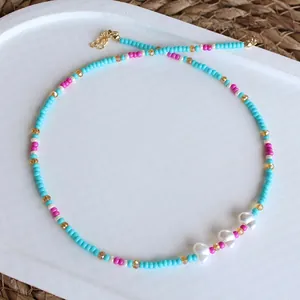 Handmade colorful seed bead necklace with baroque freshwater pearls and golden clasp