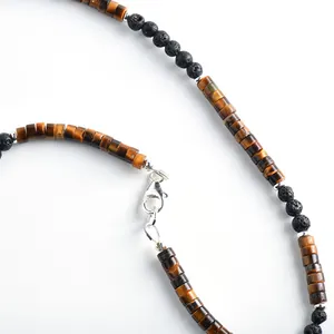Retro Tigerauge und schwarze Lavastein Perlenkette mit sicherem silbernem Karabiner