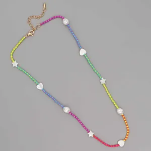 Rainbow bead necklace with freshwater pearls, colorful stars and gold lobster clasp
