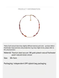 Detail specifications of beaded necklace with red natural stone and freshwater pearl