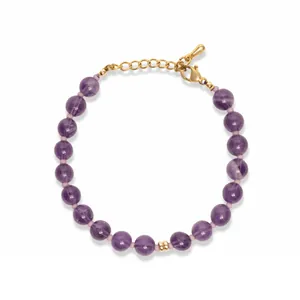 Élégant bracelet en perles d'améthyste violette naturelle avec fermoir mousqueton doré