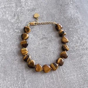 Bracciale di Perline in Occhio di Tigre Naturale a Forma di Cuore Vintage da Donna in Acciaio al Titanio Placcato Oro