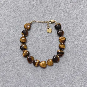 Bracciale retrò francese con perle occhio di tigre a forma di cuore e chiusura oro