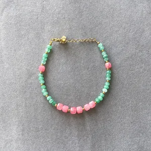 Handmade beaded bracelet with square faceted natural stones and gold lobster clasp