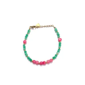 Green and pink square cut natural stone beaded bracelet with gold heart charm and extender
