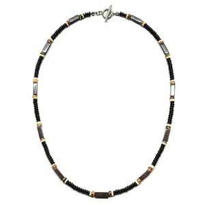 Vintage-Halskette mit schwarzen Onyx- und Hämatitperlen sowie silbernem Knebelverschluss
