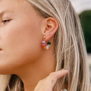 Bohemian rainbow gemstone hoop earrings with colorful round beads in gold metal setting