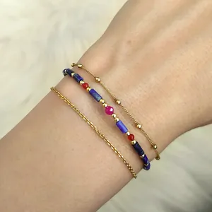 Three-piece gold chain and colorful natural stone beaded bracelet set for women