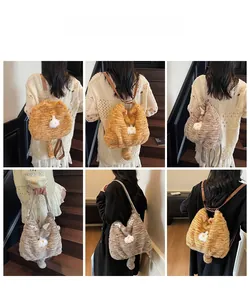 Détails du sac à dos peluche chat avec oreilles 3D et queues, rayures grises et oranges