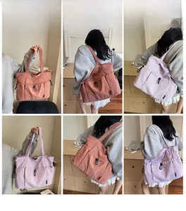 Multi-pocket nylon tote bag details in brick red and lilac for casual daily commuting