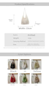 Detailed size chart and multi-color options for the woven knit tote bag with bow detail