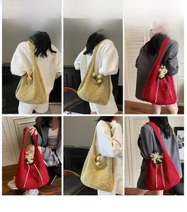 Detailed views of hollow woven tote bag in beige and red mesh showing model's shoulder style