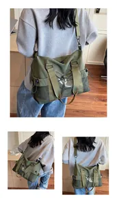 Detail of army green travel tote with front mesh pocket and adjustable cross drawstrings
