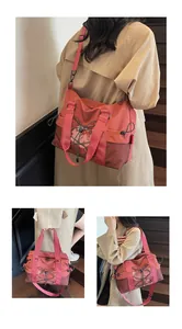 Detail of salmon pink nylon travel tote with elastic drawstring and mesh pocket