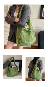 Detail of green hollow crochet tote bag featuring white drawstring and daisy decoration