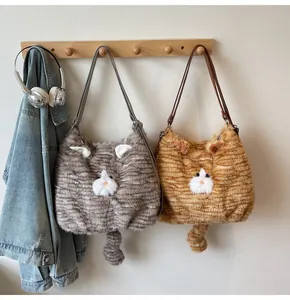 Détails de sacs à bandoulière en peluche en forme de chat avec oreilles et queue touffue