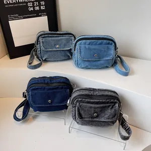 Denim multi-pocket crossbody bags for women in four shades with adjustable straps