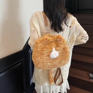Sac à dos chat en peluche orange avec oreilles 3D et fausse fourrure douce