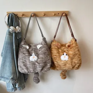 Sac à dos chat en peluche avec rayures grises et orange, oreilles 3D et longue queue