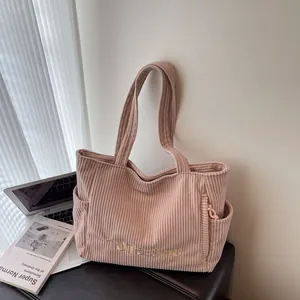 Women's Corduroy Tote Bag Large Capacity Shoulder Bag With Letter Embroidery Casual Fashion Work School Commuter Handbag