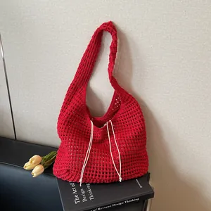 Women Knitted Hollow Out Crochet Tote Bag Large Capacity Mesh Straw Shoulder Bag For Beach Vacation Daily Casual Handbag