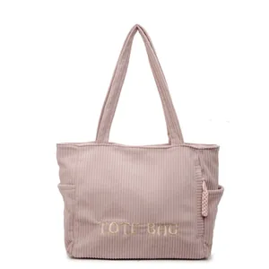 Pink corduroy tote bag with TOTE BAG embroidery and side pocket in casual college style