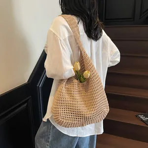 Hollow out woven crochet tote bag in beige with large capacity and shoulder strap