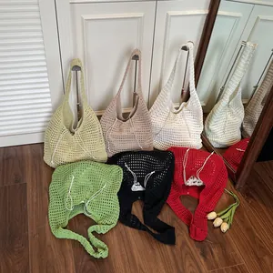 Handmade crochet hollow-out beach tote bag in six colors with drawstring closure