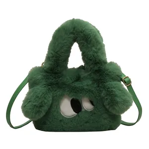 Borsa tote in peluche verde con grandi occhi e tracolla regolabile per donna