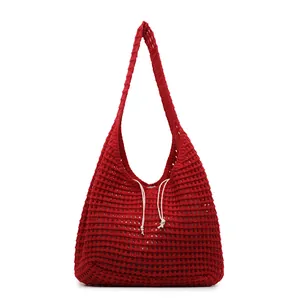 Handmade red hollow crochet tote bag with cream drawstring bow for beach and daily casual use