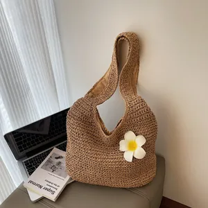 Grand Sac Cabas en Paille Tissée pour Femmes Sac à Épaule pour Vacances à la Plage Avec Décoration de Frangipanier Sac à Main Artisanal Décontracté