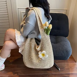 Grand sac fourre-tout tissé pour femme avec décor floral pour plage d'été