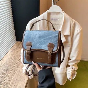 Vintage PU Leather Denim Patchwork Small Backpack For Women Retro Flap Crossbody Bag Handbag Commute Travel Fashion Bag