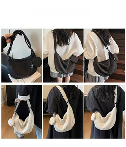 Quilted nylon half-moon crossbody bag with coin purse shown from multiple angles