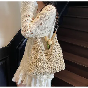 Detail of crochet tote bag with wooden bead straps and hollow floral pattern