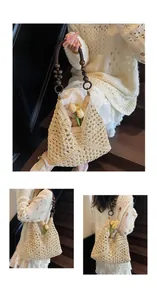 Detail of hand-woven crochet tote bag featuring wooden bead handles and hollow patterns