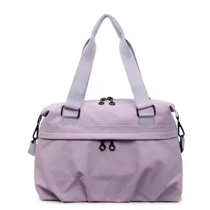Large capacity light purple nylon messenger bag with top handles for travel and gym